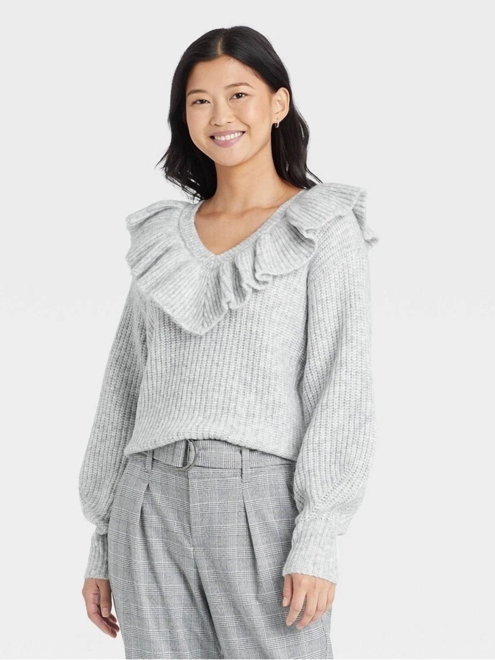 a new day Light Gray Ruffled Crewneck Sweater